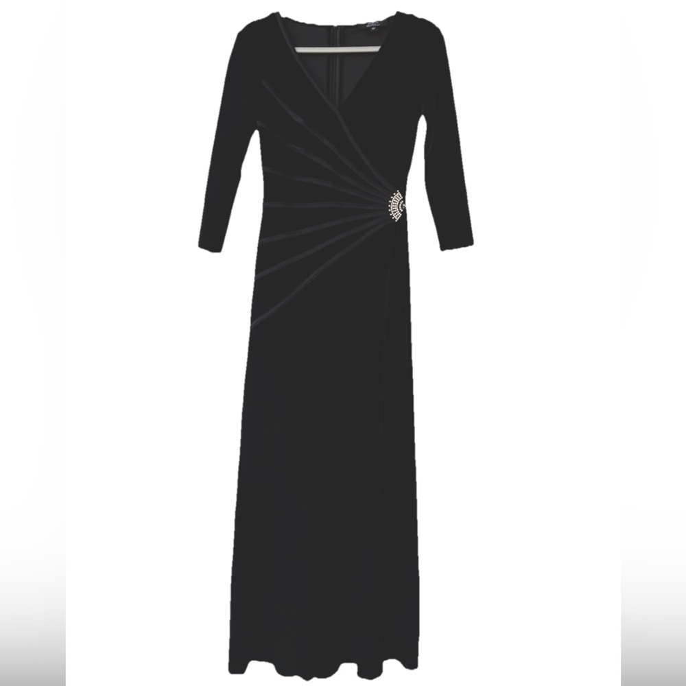 Tadashi formal dress Velvet evening gown v-neck Rhinestone long sleeve vtg M